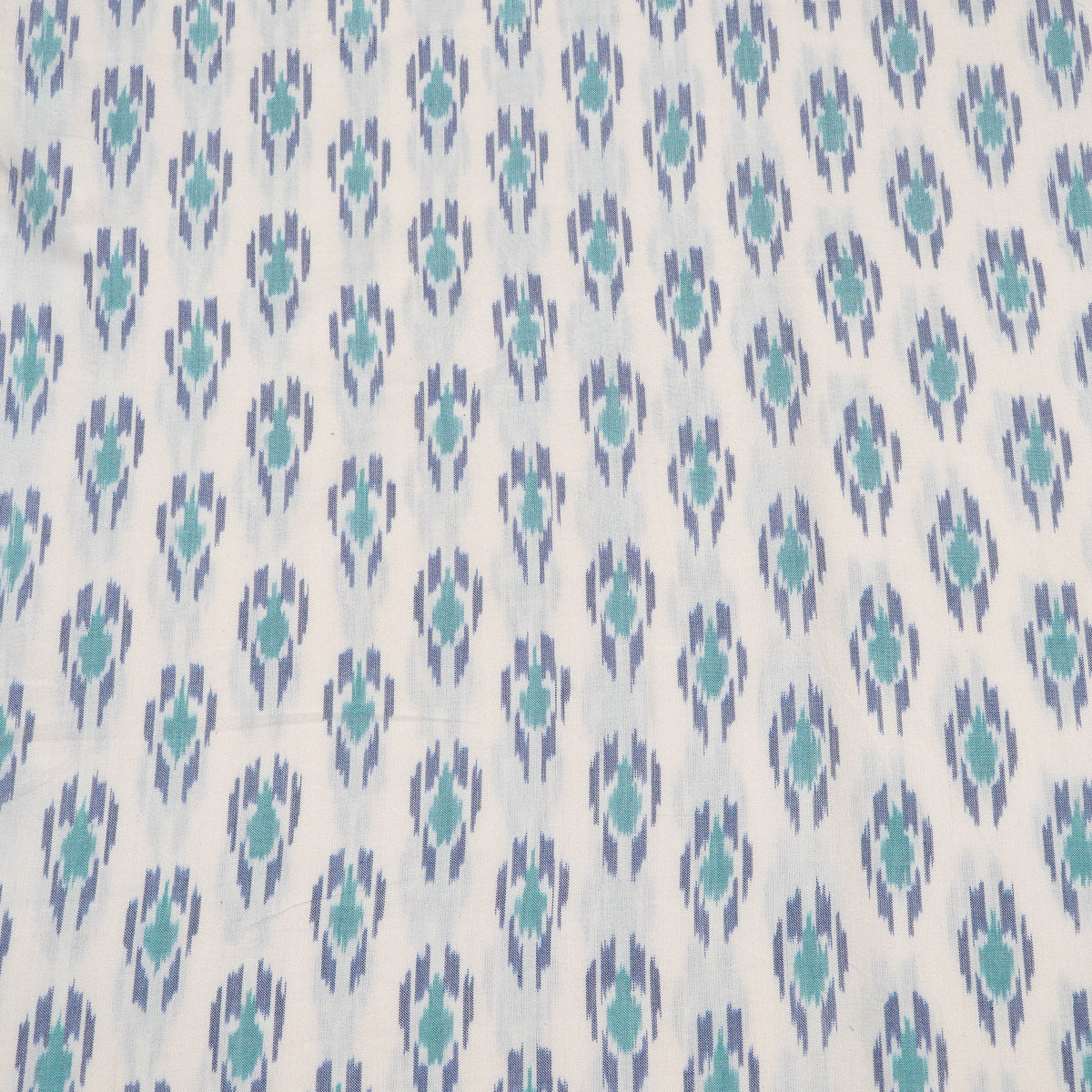 White Base Green & Blue Fine Quality Cotton Handloom Ikat Fabric for Dress | Width : 44"