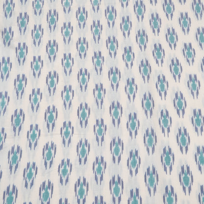 White Base Green & Blue Fine Quality Cotton Handloom Ikat Fabric for Dress | Width : 44"