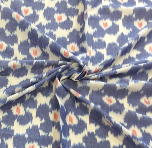 Blue & White Floral Fine Quality Cotton Handloom Ikat (Width: 44 inches or 112 cm)