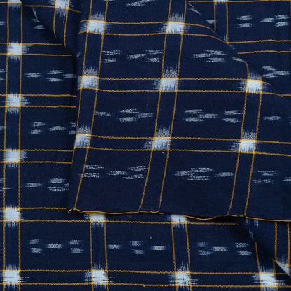 Blue, Yellow & White Check Handwoven Cotton Double Ikat Fabric for Dress Material | Width: 44"