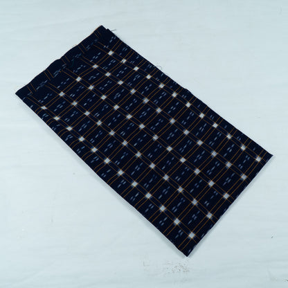 Blue, Yellow & White Check Handwoven Cotton Double Ikat Fabric for Dress Material | Width: 44"