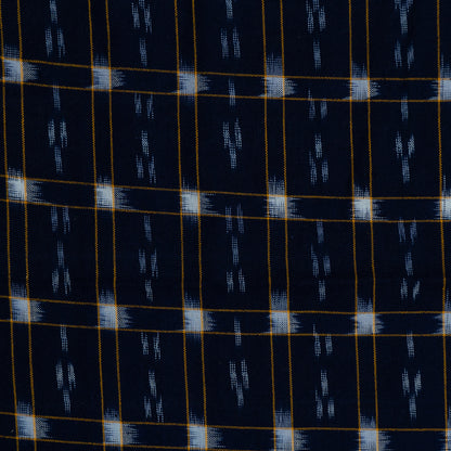 Blue, Yellow & White Check Handwoven Cotton Double Ikat Fabric for Dress Material | Width: 44"