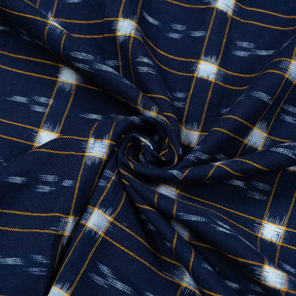 Blue, Yellow & White Check Handwoven Cotton Double Ikat Fabric for Dress Material | Width: 44"