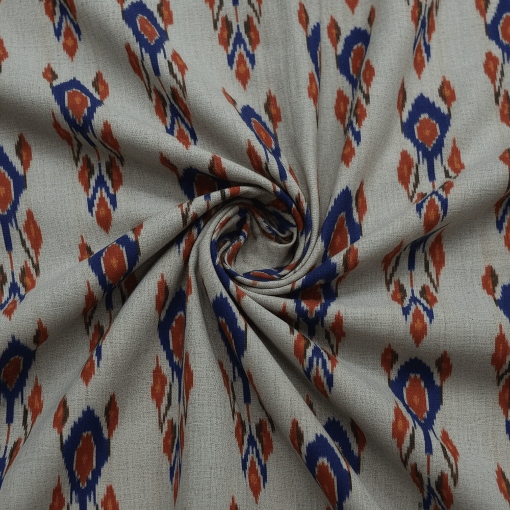 Grey, Multicolor Handloom Cotton Ikat Fabric for Dress Material | Width: 44"