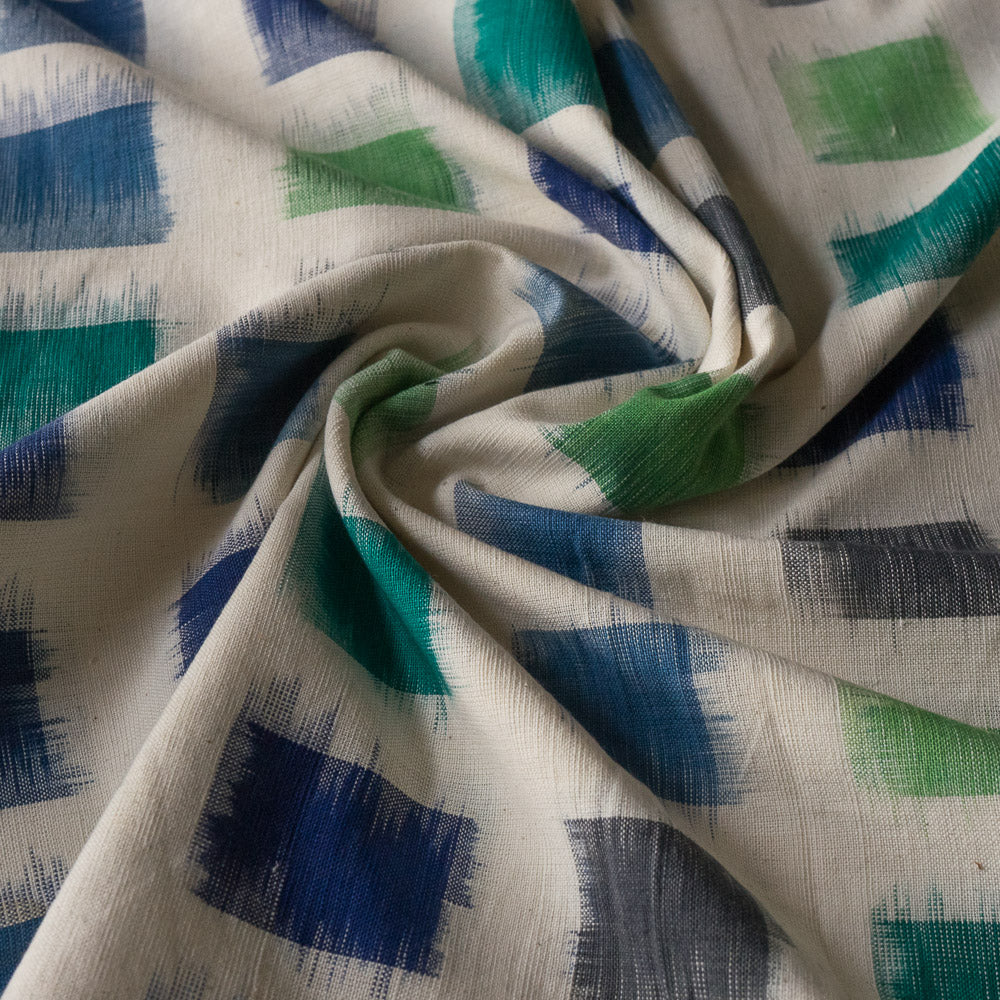 Off White base Green & Blue Check Design Handwoven Cotton Double Ikat Fabric | Width: 44"