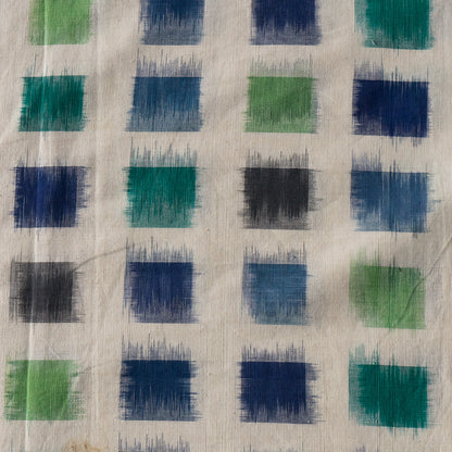 Off White base Green & Blue Check Design Handwoven Cotton Double Ikat Fabric | Width: 44"