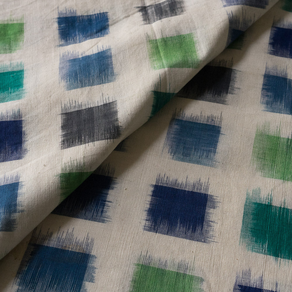 Off White base Green & Blue Check Design Handwoven Cotton Double Ikat Fabric | Width: 44"