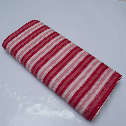 Red & White Stripe Handwoven Cotton Double Ikat Fabric for Dresses | Width: 44"
