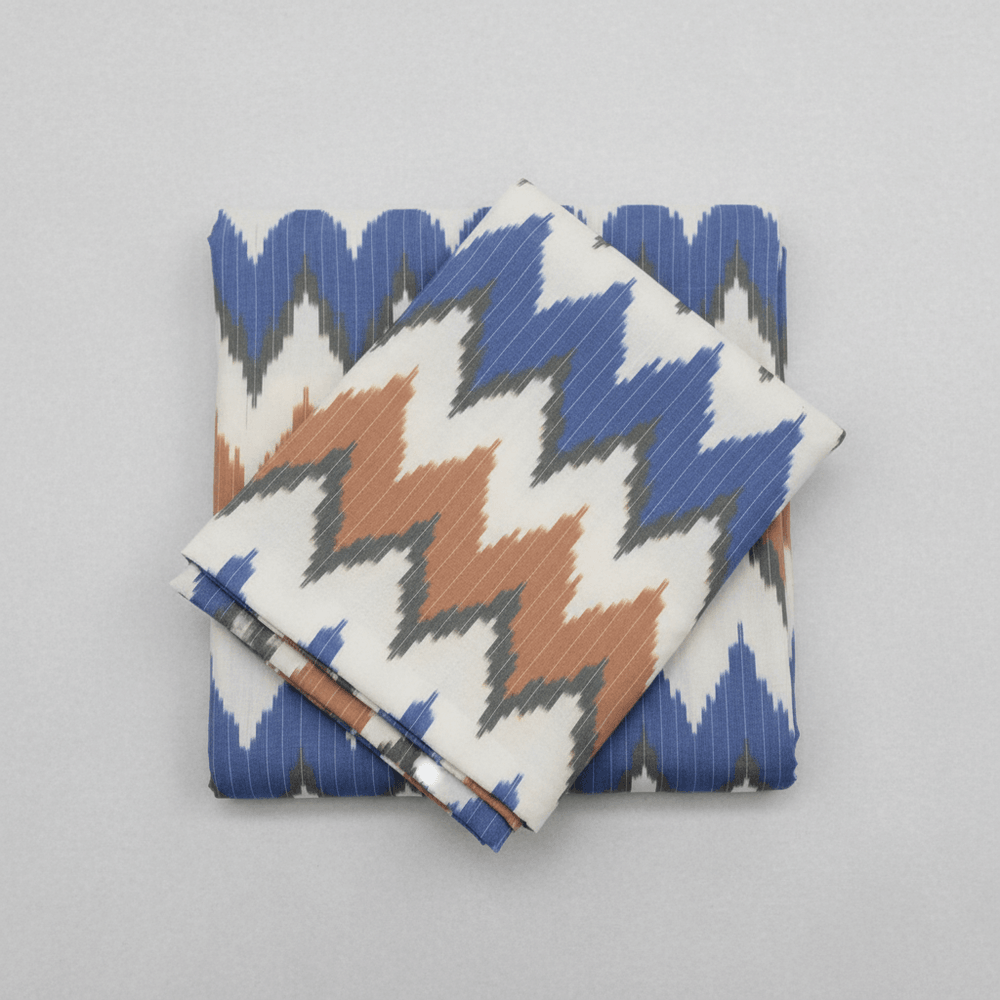Blue, Orange Chevron Cotton Handloom Ikat Fabric for Dress Material | Width: 44"