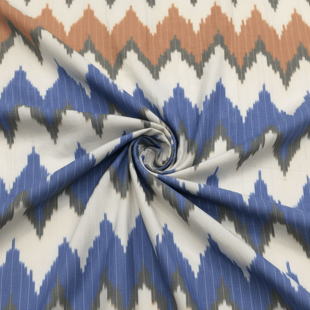 Blue, Orange Chevron Cotton Handloom Ikat Fabric for Dress Material | Width: 44"