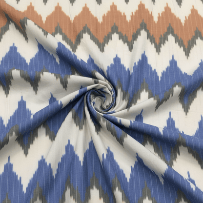 Blue, Orange Chevron Cotton Handloom Ikat Fabric for Dress Material | Width: 44"