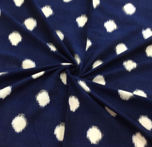 Blue & White Dot Cotton Handwoven Double Ikat (Width: 44 inches or 112 cm)