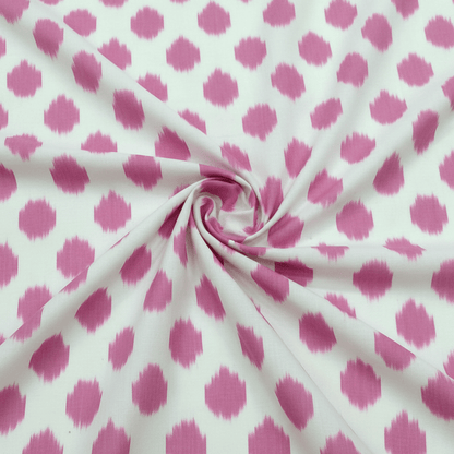 White, Pink Dot Cotton Handloom Ikat Fabric for Dress Material | Width: 44"