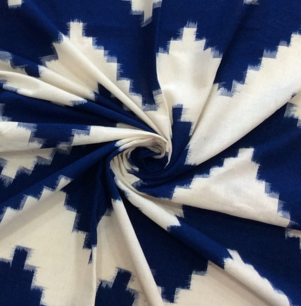 White, Blue Chevron Cotton Handloom Double Ikat (SKU: IKK-622)