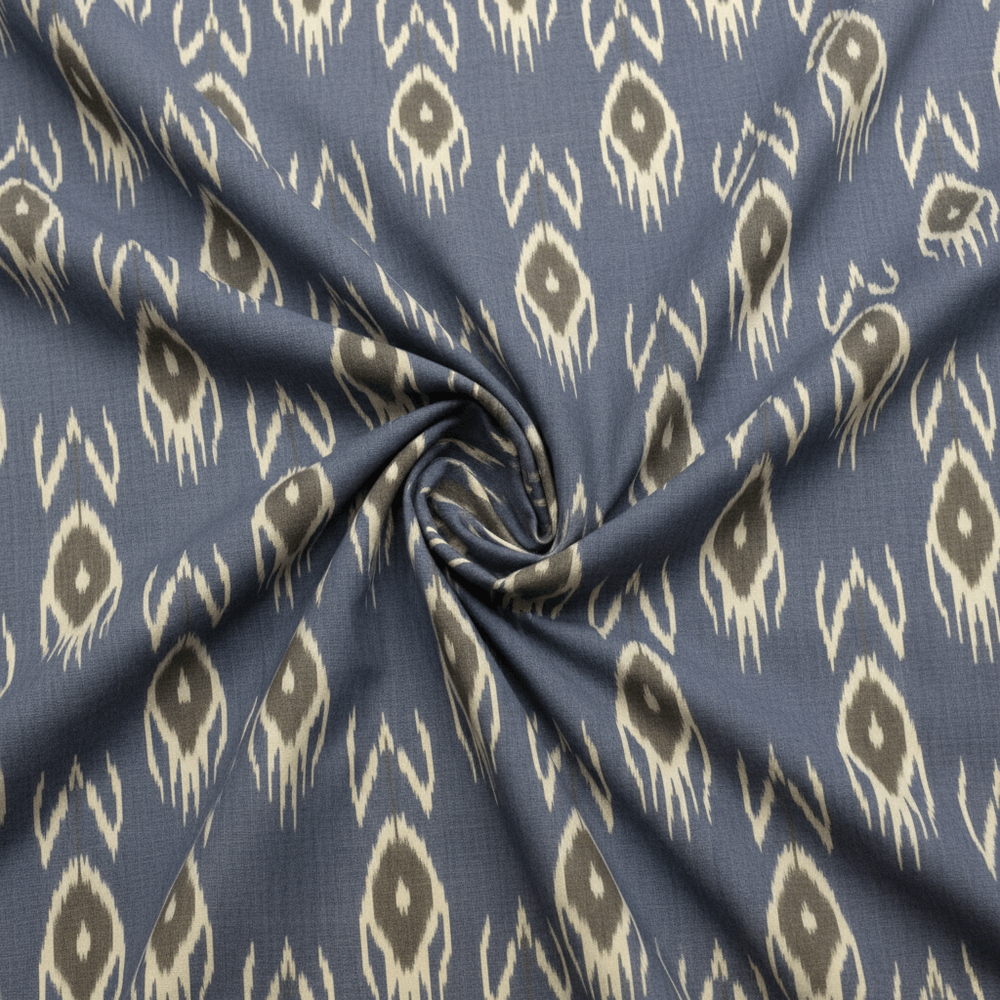 Denim Blue With Leaf Design Fine Quality Cotton Handloom Ikat Fabric for Dress Material | Width: 44"