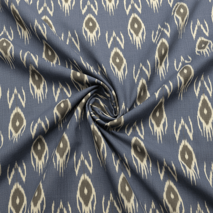 Denim Blue With Leaf Design Fine Quality Cotton Handloom Ikat Fabric for Dress Material | Width: 44"