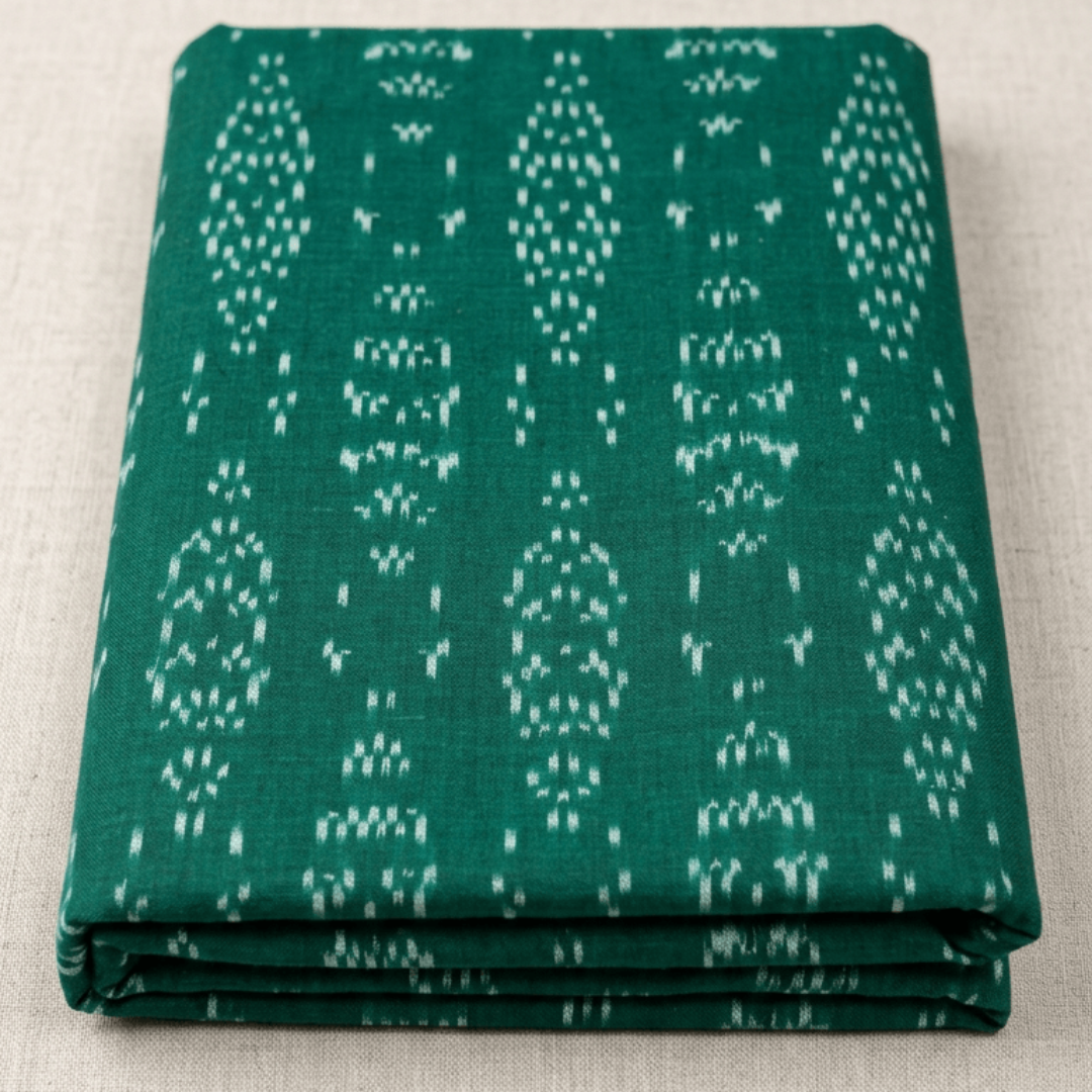 Green & White Design Fine Quality Handloom Cotton Ikat | Width: 44"