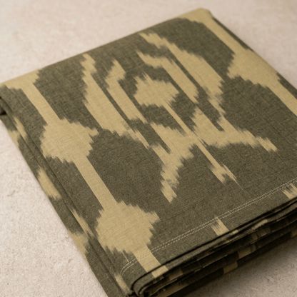 Olive Green Big Pattern Fine Quality Cotton Handloom Ikat Fabric for Dress Material | Width: 44"