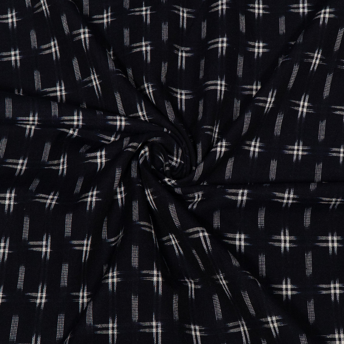 Dark Navy Blue & White Handwoven Cotton Double Ikat Fabric for Dresses | Width : 44"
