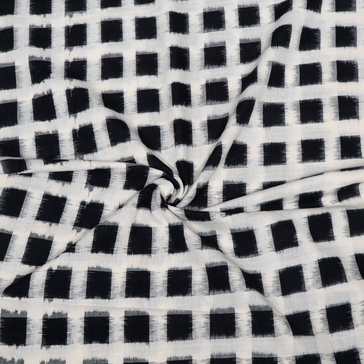 White & Black Check Cotton Handwoven Double Ikat Fabric - 44" (112 cm)