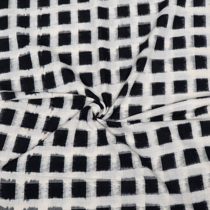 White & Black Check Cotton Handwoven Double Ikat Fabric - 44" (112 cm)