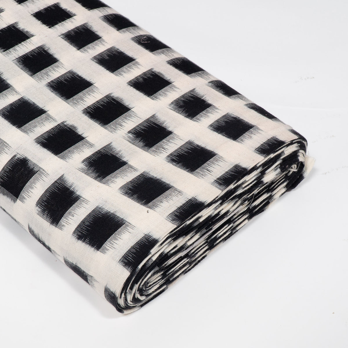 White & Black Check Cotton Handwoven Double Ikat Fabric - 44" (112 cm)