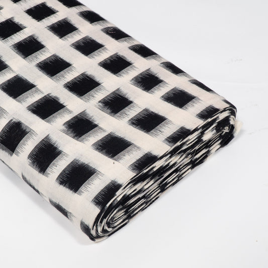 White & Black Check Cotton Handwoven Double Ikat Fabric - 44" (112 cm)