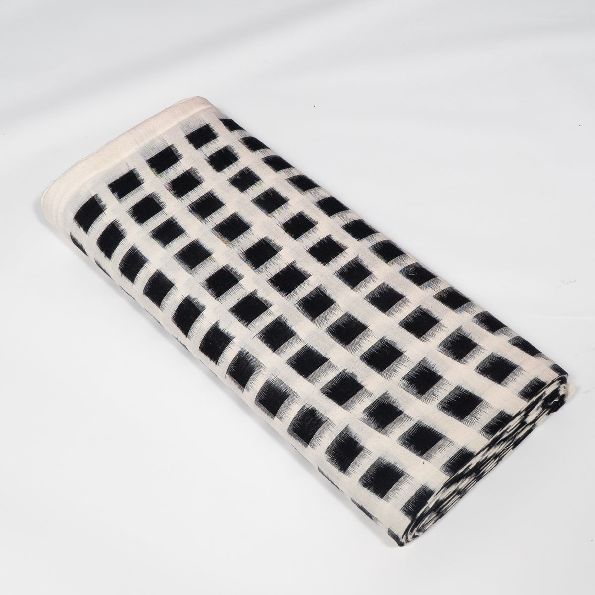 White & Black Check Cotton Handwoven Double Ikat Fabric - 44" (112 cm)