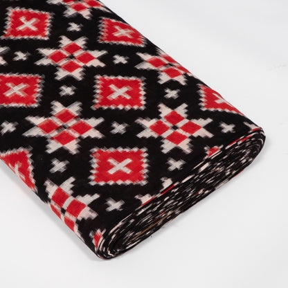 Red, Black & White Telia Rumal Cotton Handwoven Double Ikat Fabric - 44" (112 cm)