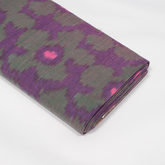 Green, Purple & Pink Floral Cotton Handloom Ikat Fabric - 44" (112 cm)