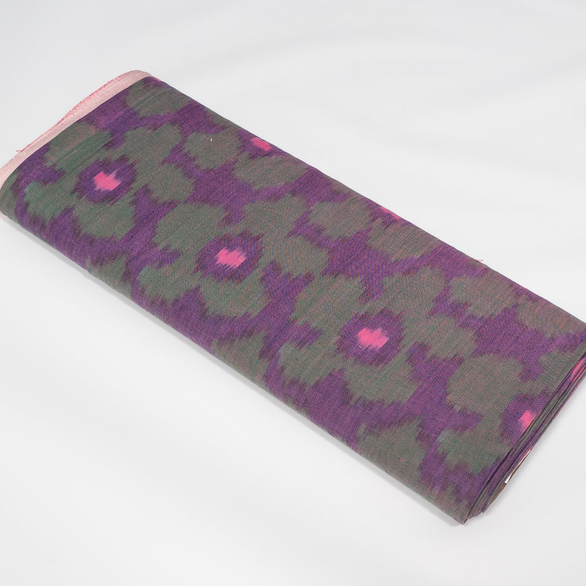Green, Purple & Pink Floral Cotton Handloom Ikat Fabric - 44" (112 cm)