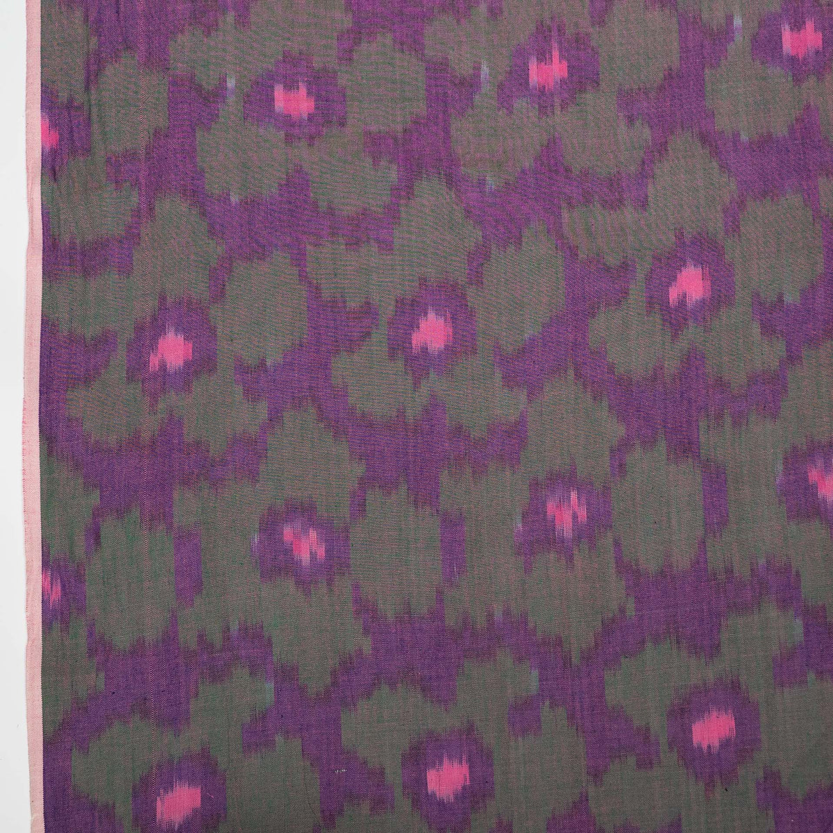 Green, Purple & Pink Floral Cotton Handloom Ikat Fabric - 44" (112 cm)
