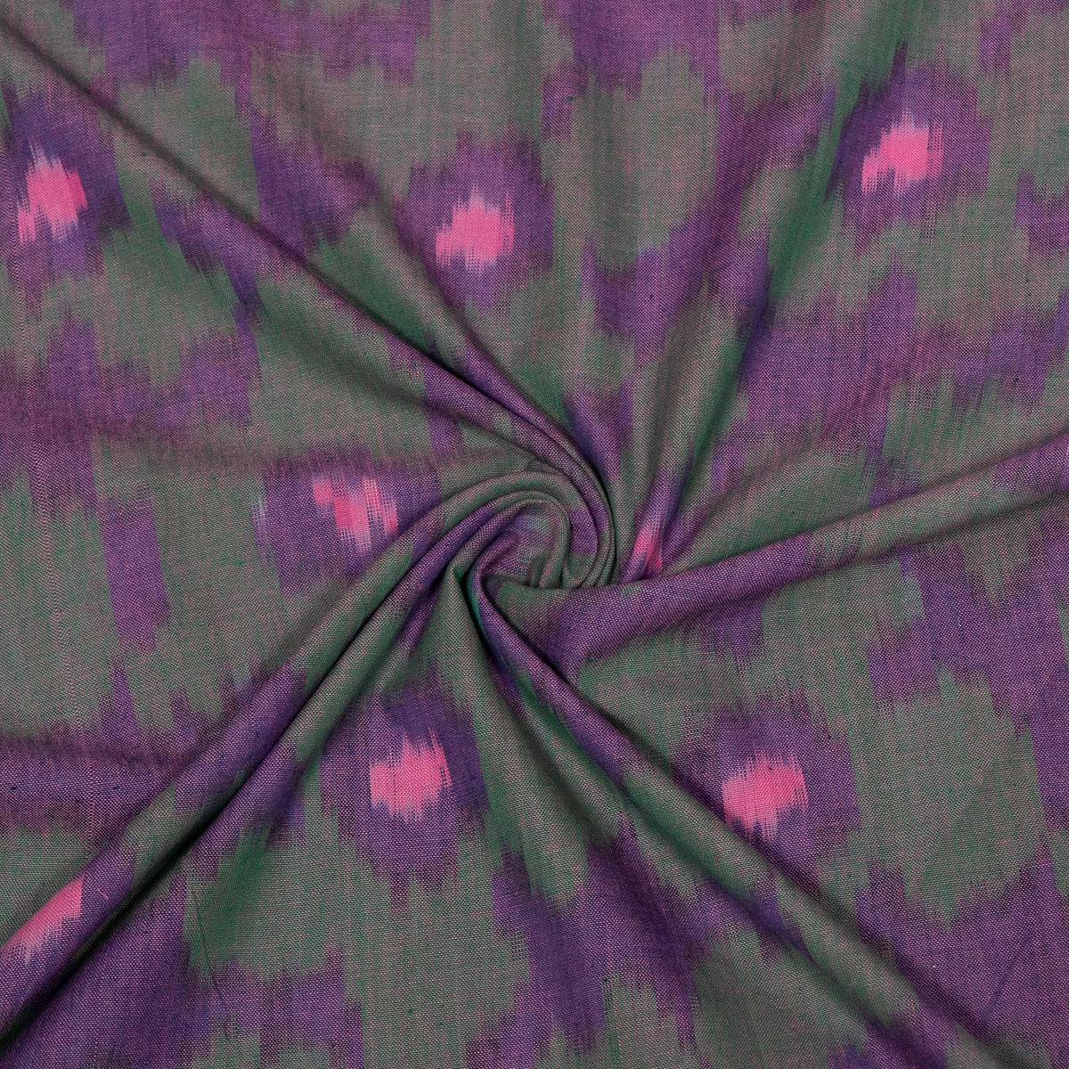 Green, Purple & Pink Floral Cotton Handloom Ikat Fabric - 44" (112 cm)