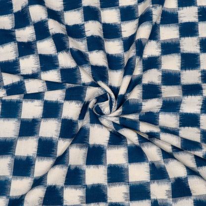 Blue & White Check Cotton Handwoven Double Ikat Fabric - 44" (112 cm)