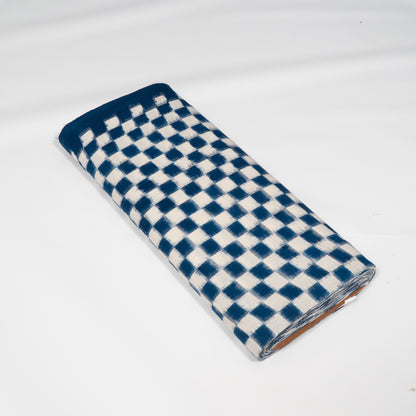 Blue & White Check Cotton Handwoven Double Ikat Fabric - 44" (112 cm)