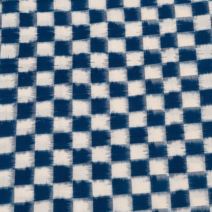 Blue & White Check Cotton Handwoven Double Ikat Fabric - 44" (112 cm)