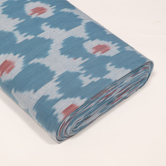 Blue & Red Floral Cotton Handloom Ikat Fabric - 44" (112 cm)