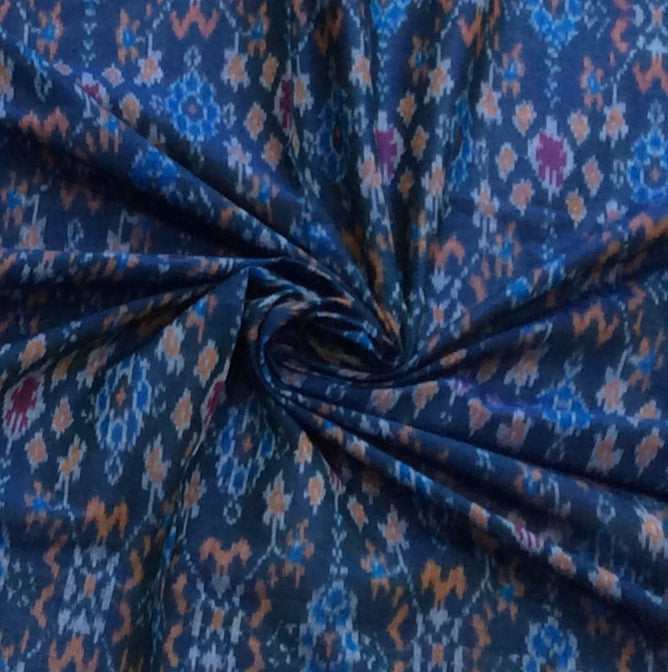 Blue Base Multicolor Silk (50%) Cotton (50%) Blend Handwoven Ikat (Width: 44 inches or 112 cm)