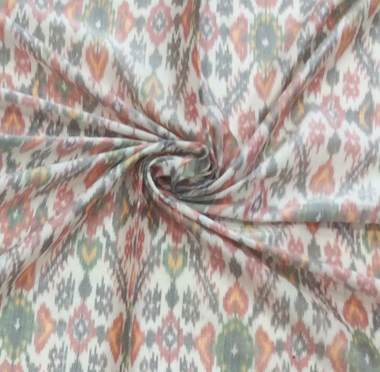 White Base Multicolor Silk (50%) Cotton (50%) Blend Handwoven Ikat (Width: 44 inches or 112 cm)