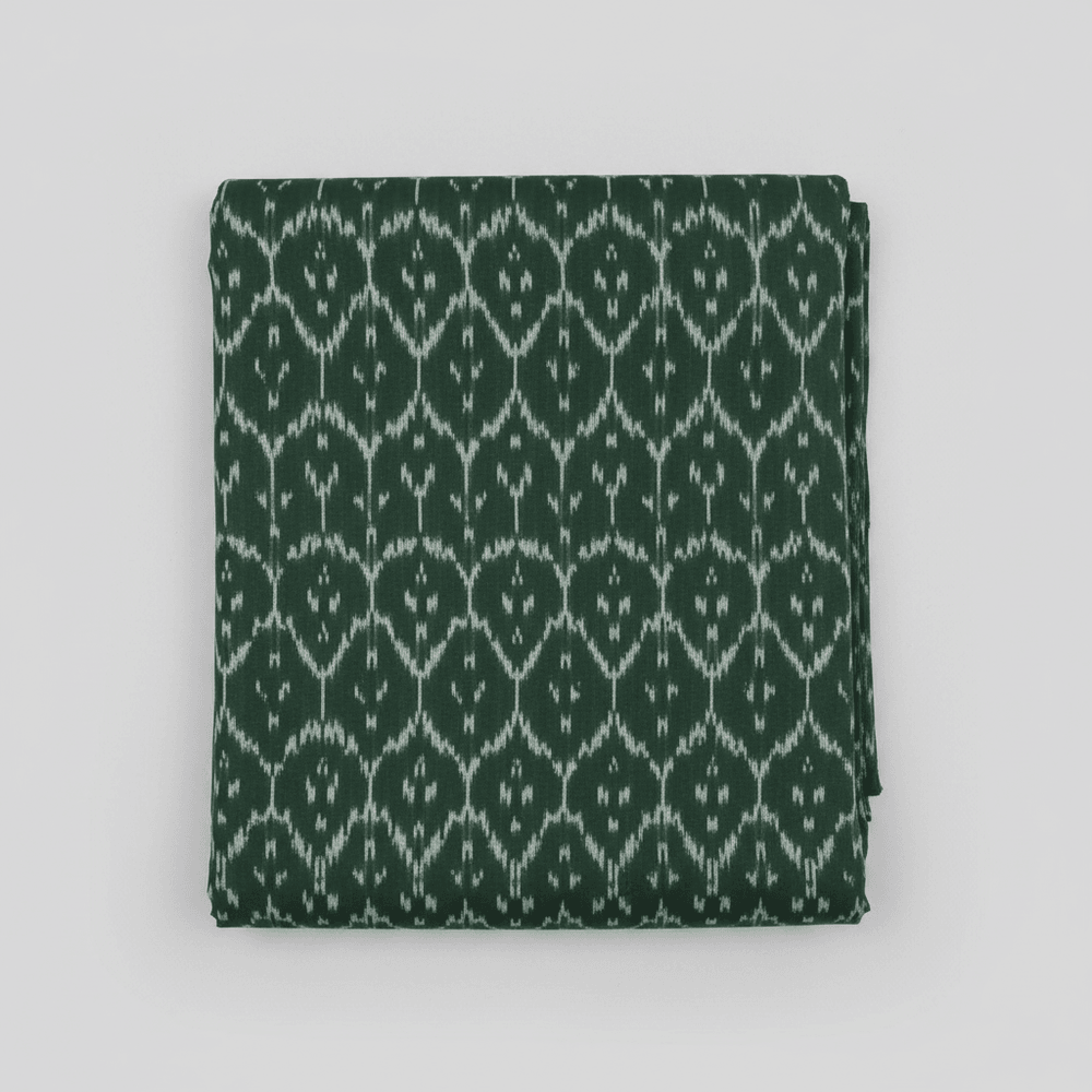 Green & White Fine Quality Cotton Handloom Ikat Fabric for Dress Material | Width: 44"