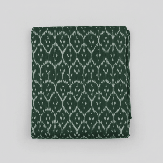 Green & White Fine Quality Cotton Handloom Ikat Fabric for Dress Material | Width: 44"