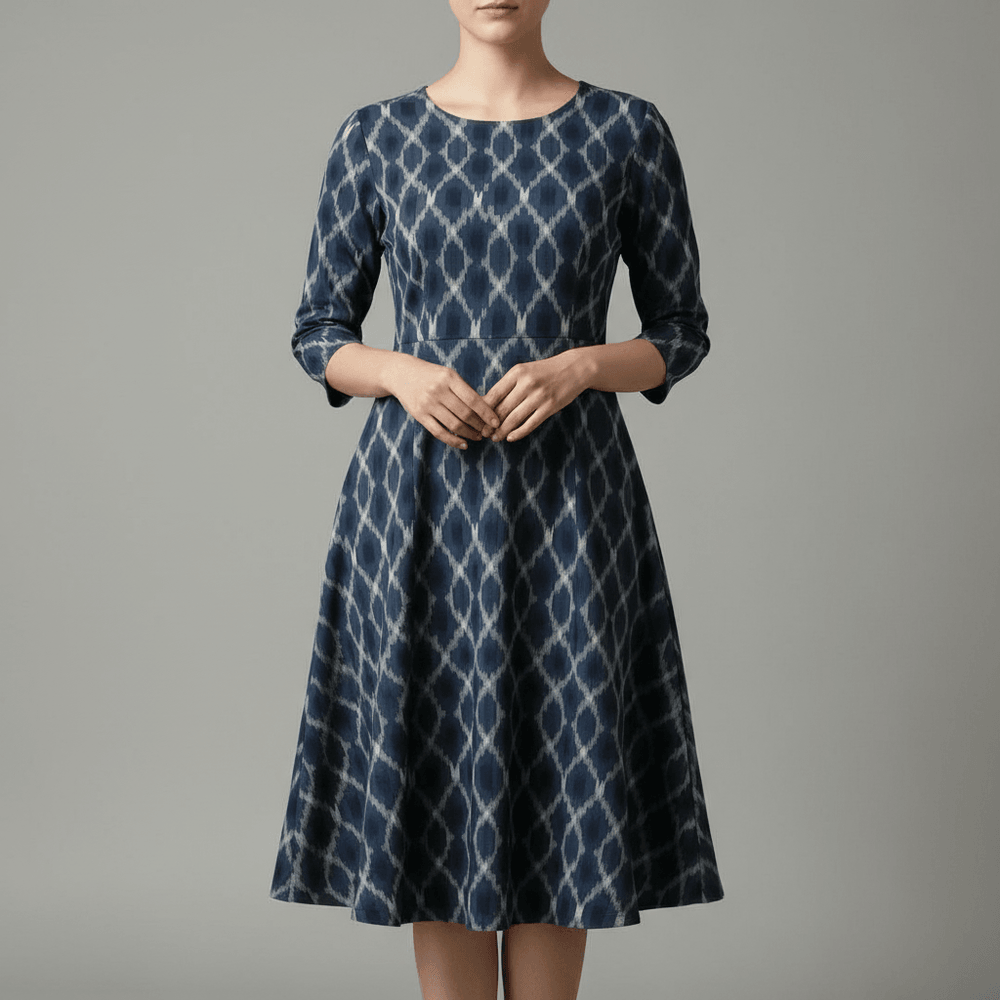 Teal Blue Diagnal Design Fine Quality Cotton Handloom Ikat | SKU: IK-632