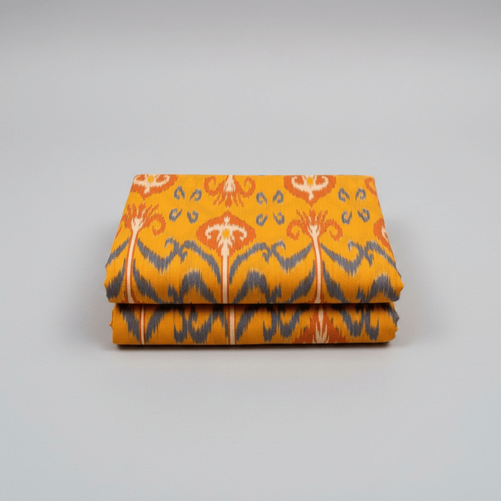 Yellow Base Multicolor Fine Quality Cotton Handloom Ikat Fabric for Dress Material | Width: 44"