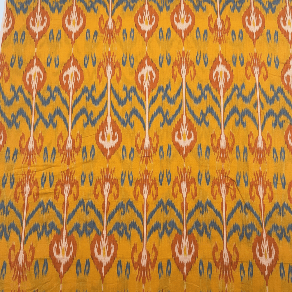 Yellow Base Multicolor Fine Quality Cotton Handloom Ikat Fabric for Dress Material | Width: 44"