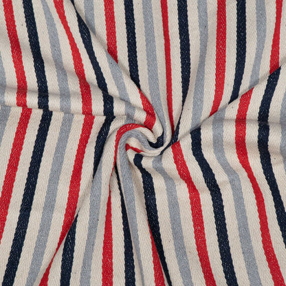 Off White, Blue, Red & Grey Stripe Cotton Jacquard Fabric for Home Decor | Width: 44"