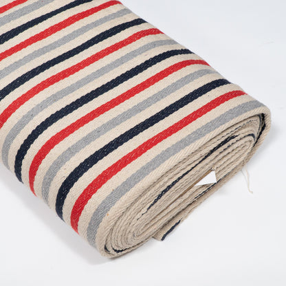 Off White, Blue, Red & Grey Stripe Cotton Jacquard Fabric for Home Decor | Width: 44"