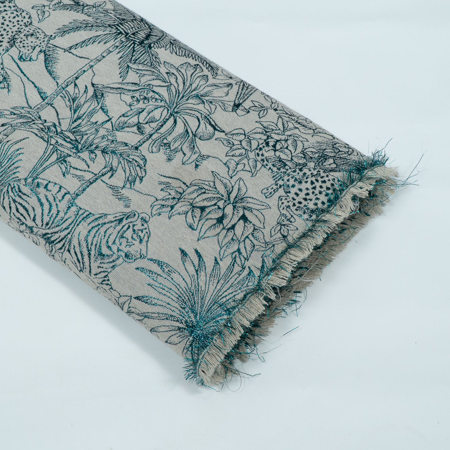 White & Turquoise Blue Tropical Cotton Blend Lurex Jacquard | SKU: JDD-488