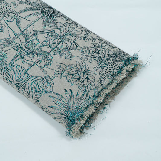 White & Turquoise Blue Tropical Cotton Blend Lurex Jacquard | SKU: JDD-488