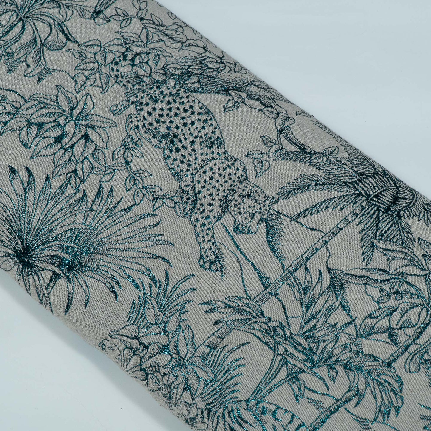White & Turquoise Blue Tropical Cotton Blend Lurex Jacquard | SKU: JDD-488