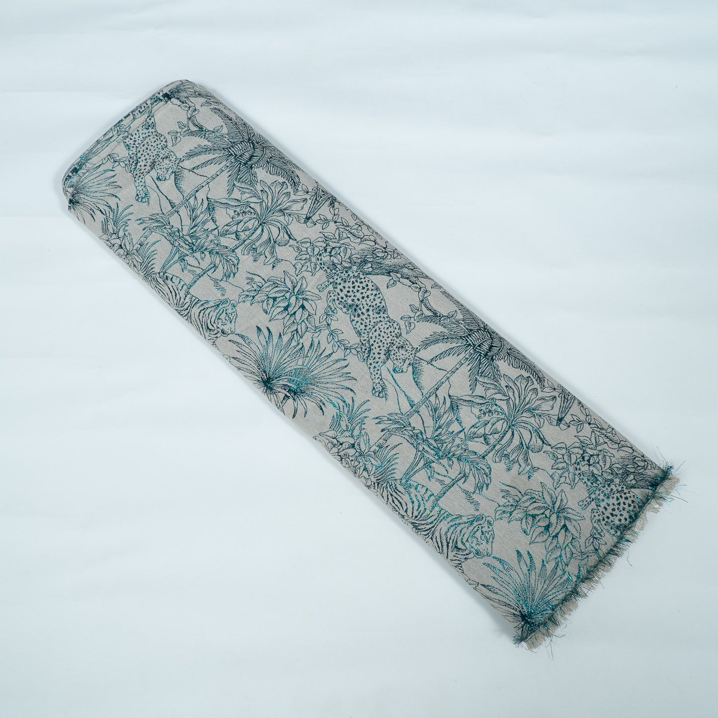 White & Turquoise Blue Tropical Cotton Blend Lurex Jacquard | SKU: JDD-488
